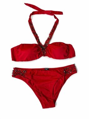Rare Calzedonia Cobey Red Beaded Stone Halter Bikini Set Size S
